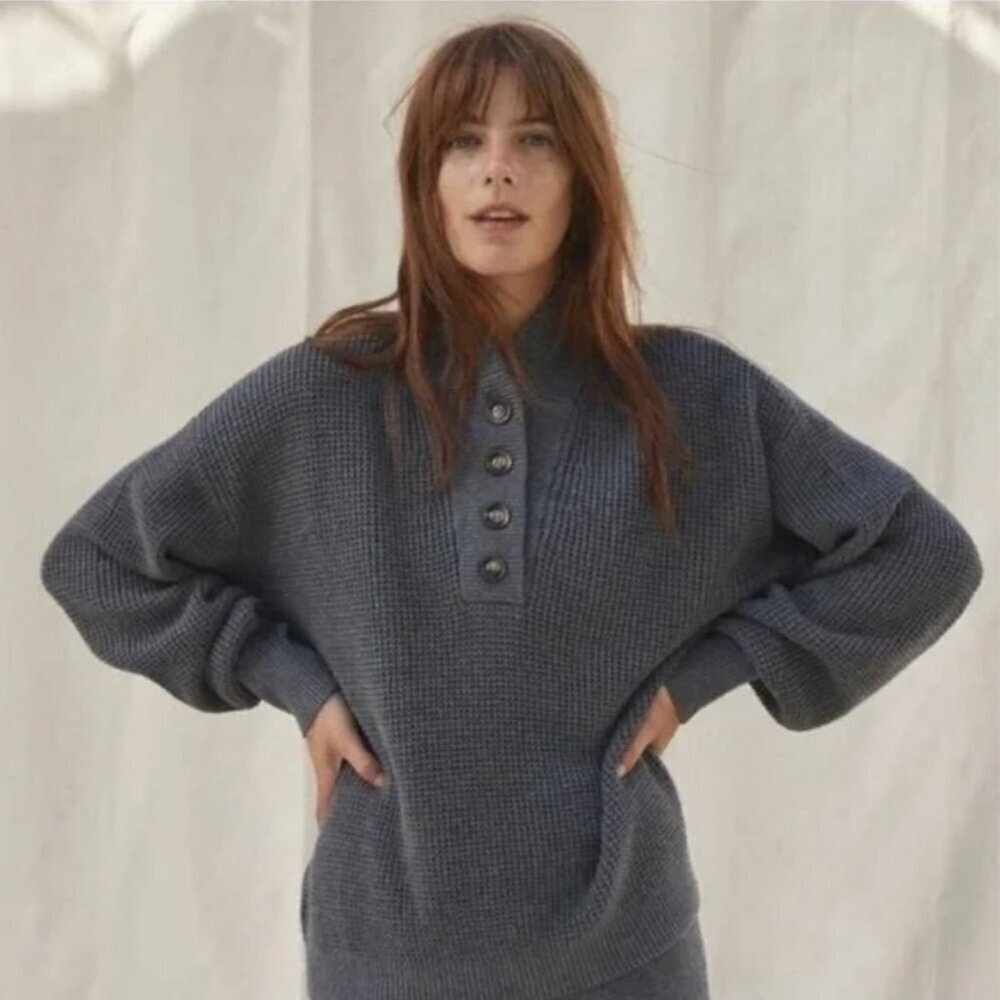 Lunya Good in Bed Waffle Sweater Cotton Silk Henley Onyx Front Button Heavy Knit